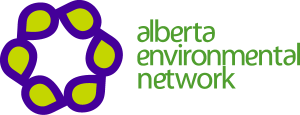logo for Alberta Environmental Network with a circle of six green leaves outlined in purple to left of name