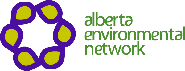 logo for Alberta Environmental Network with a circle of six green leaves outlined in purple to left of name