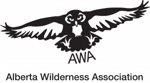 logo of Alberta Wilderness Association with a black and white owl with wings outstretched above AWA and org name