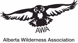 logo of Alberta Wilderness Association with a black and white owl with wings outstretched above AWA and org name