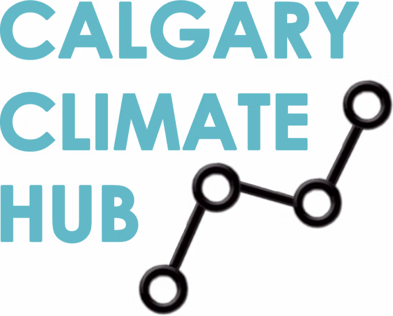 Calgary Climate Hub is written in large text with four black circles connected together by a black line in a zig zag below the name