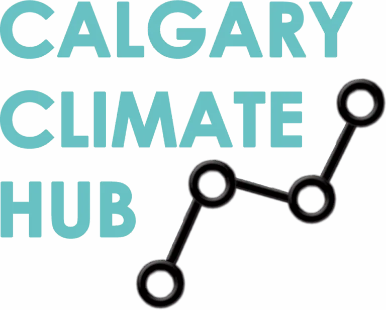 Calgary Climate Hub is written in large text with four black circles connected together by a black line in a zig zag below the name