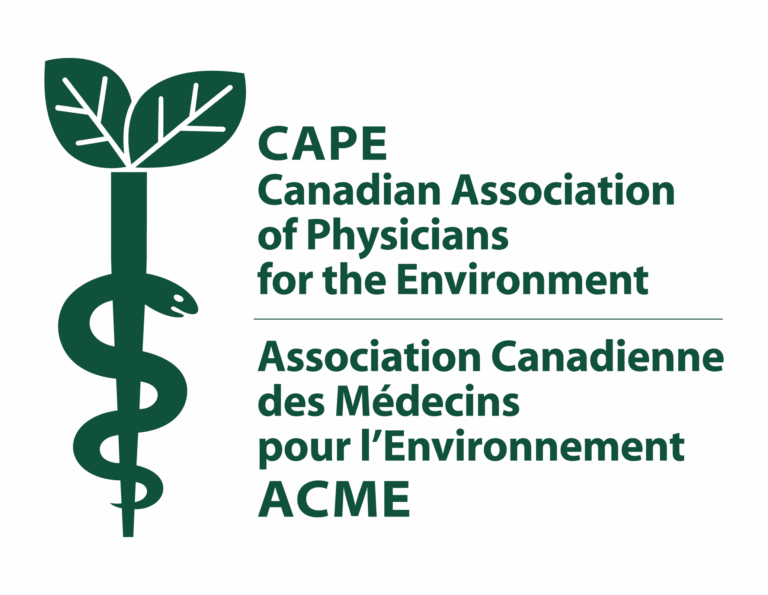 left has image of two green leaves connected to a long vertical line that narrows as goes down, with health 'snake' coiled around the line. CAPE and the full organization name are to the right - Canadian Association of Physicians for the Environment