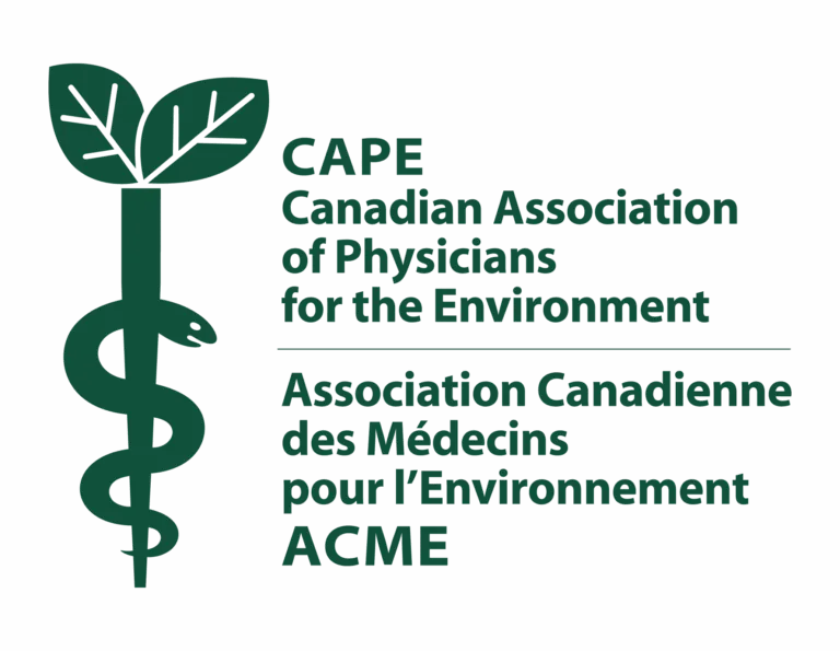 left has image of two green leaves connected to a long vertical line that narrows as goes down, with health 'snake' coiled around the line. CAPE and the full organization name are to the right - Canadian Association of Physicians for the Environment