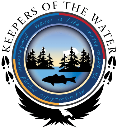 logo for Keeper of the Water, with name written in an arc above a circle with a landscape design of trees, water, and a fish. Below the circle is a stylized black eagle, with two deer prints on each of left and right side of circle