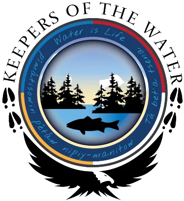 logo for Keeper of the Water, with name written in an arc above a circle with a landscape design of trees, water, and a fish. Below the circle is a stylized black eagle, with two deer prints on each of left and right side of circle