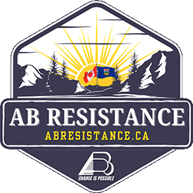 logo for AB Resistance is a hexagon in dark purple-grey with rising sun over mountains and trees with name and website in middle and simple logo at bottom