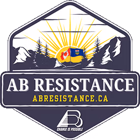 logo for AB Resistance is a hexagon in dark purple-grey with rising sun over mountains and trees with name and website in middle and simple logo at bottom