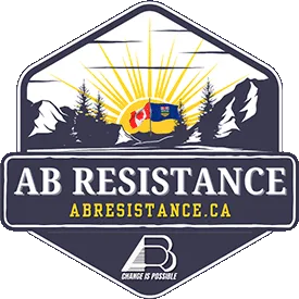 logo for AB Resistance is a hexagon in dark purple-grey with rising sun over mountains and trees with name and website in middle and simple logo at bottom