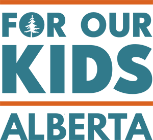 For Our Kids Alberta with orange lines above and below Four Our Kids as a logo, with a tree in the first O