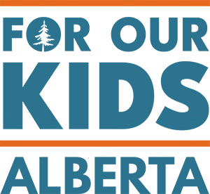 For Our Kids Alberta with orange lines above and below Four Our Kids as a logo, with a tree in the first O