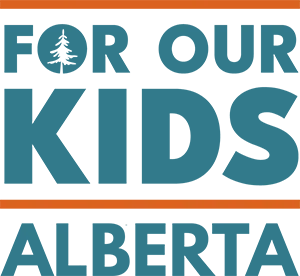 For Our Kids Alberta with orange lines above and below Four Our Kids as a logo, with a tree in the first O