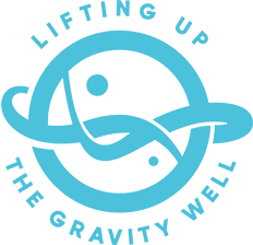 logo for The Gravity Well, with a stylized planet circle in middle, with 'Lifting Up' in arc above circle and 'The Gravity Well' in arc below