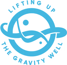 logo for The Gravity Well, with a stylized planet circle in middle, with 'Lifting Up' in arc above circle and 'The Gravity Well' in arc below
